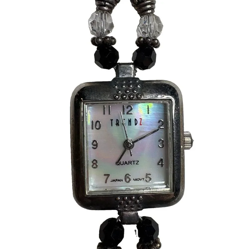 Trendz Pearlescent Face Crystal Beaded Clear Black Watch Womens 8